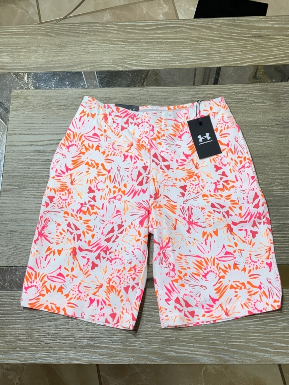 Under Armour White Athletic Shorts with Pink & Orange Floral Design